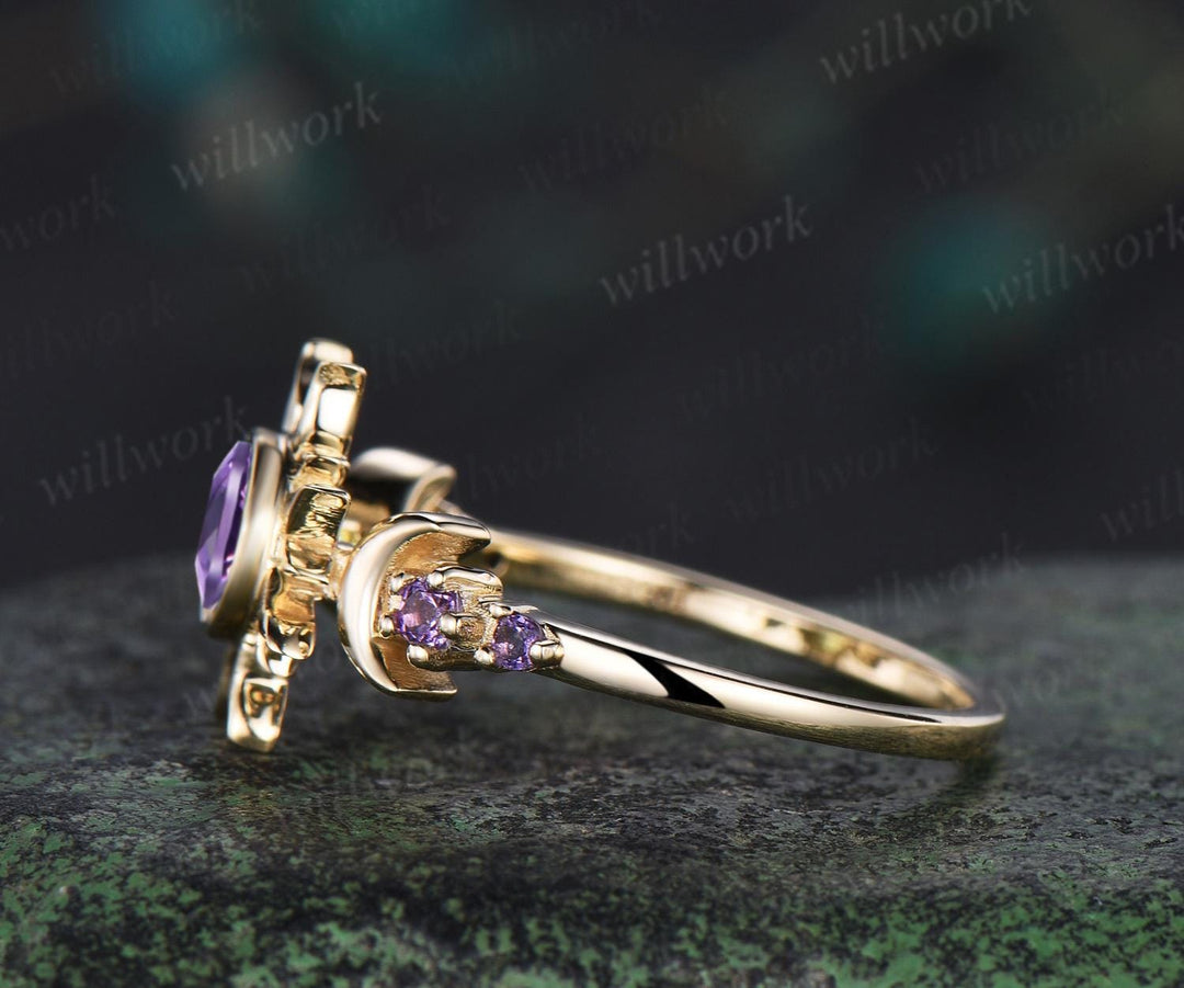 Round cut purple amethyst ring vintage bezel sun moon engagement ring women solid 14k yellow gold unique anniversary gift