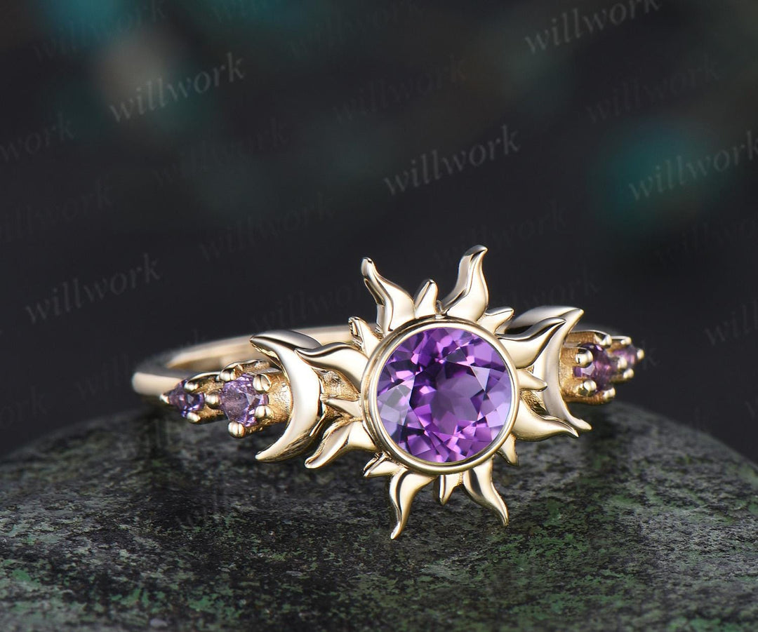 Round cut purple amethyst ring vintage bezel sun moon engagement ring women solid 14k yellow gold unique anniversary gift