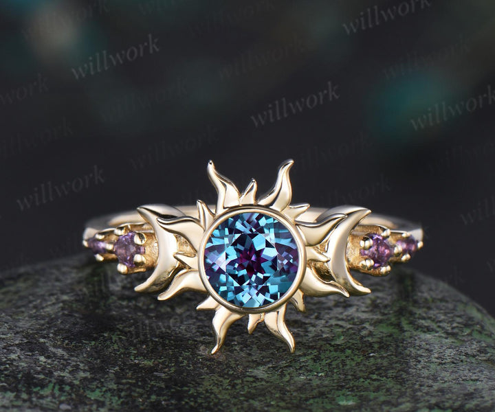 Round cut alexandrite ring vintage bezel sun moon engagement ring women solid 14k yellow gold unique wedding ring gift for her