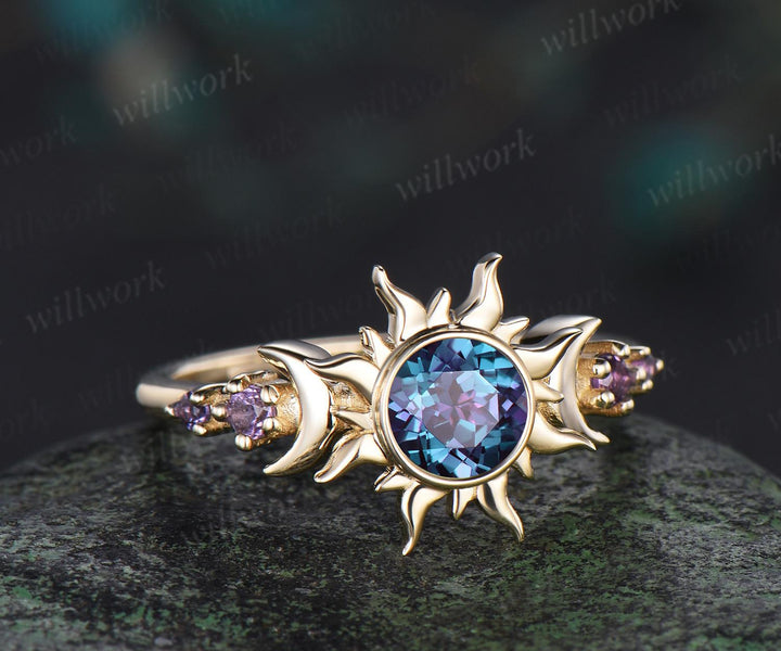 Round cut alexandrite ring vintage bezel sun moon engagement ring women solid 14k yellow gold unique wedding ring gift for her