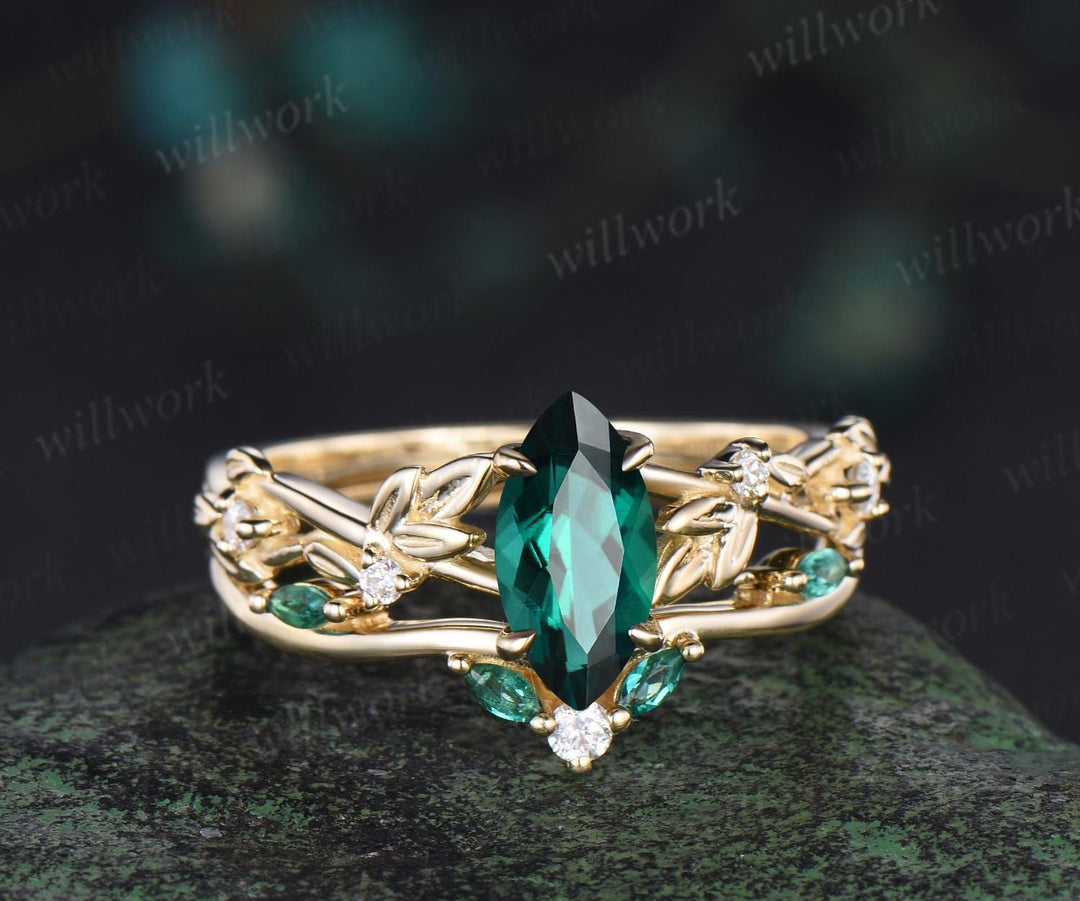 Vintage marquise cut green emerald engagement ring women twig leaf Nature inspired yellow gold ring branch diamond bridal ring set gift