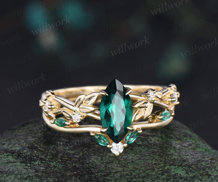 Vintage marquise cut green emerald engagement ring women twig leaf Nature inspired yellow gold ring branch diamond bridal ring set gift
