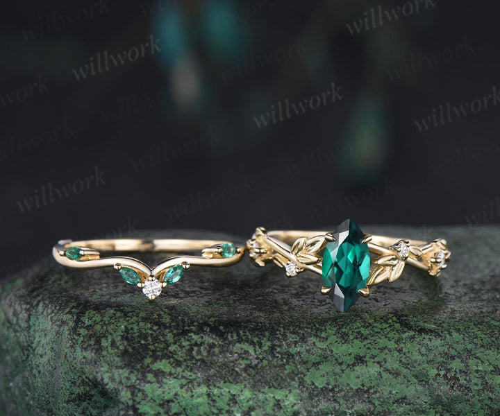 Vintage marquise cut green emerald engagement ring women twig leaf Nature inspired yellow gold ring branch diamond bridal ring set gift