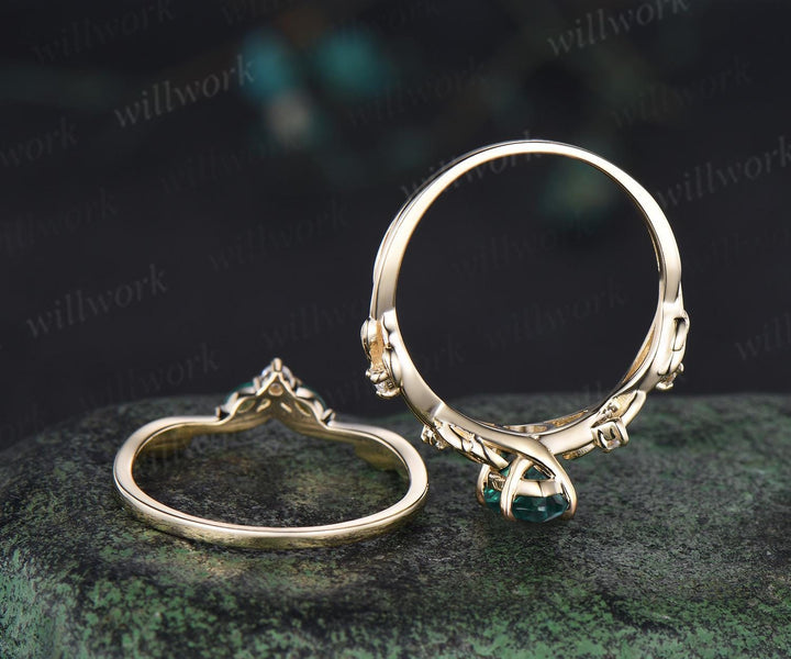 Vintage marquise cut green emerald engagement ring women twig leaf Nature inspired yellow gold ring branch diamond bridal ring set gift