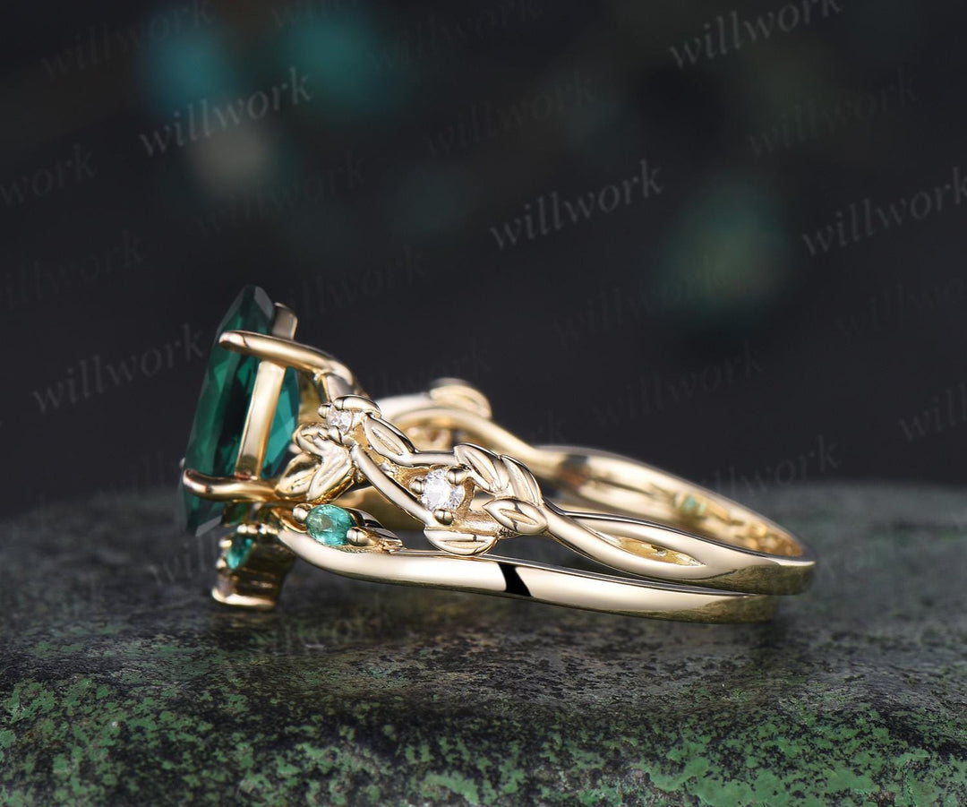 Vintage marquise cut green emerald engagement ring women twig leaf Nature inspired yellow gold ring branch diamond bridal ring set gift