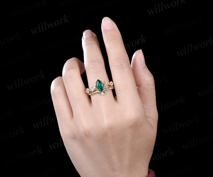 Vintage marquise cut green emerald engagement ring women twig leaf Nature inspired yellow gold ring branch diamond bridal ring set gift