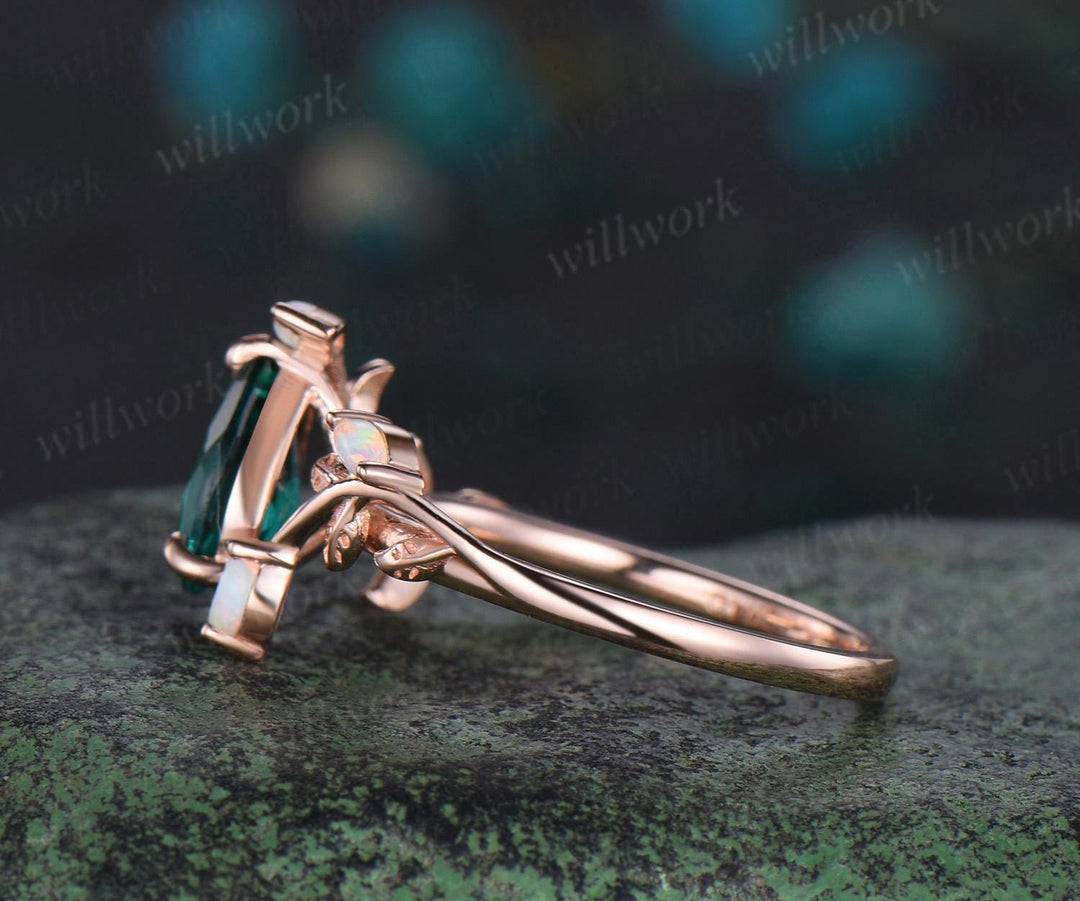 Pear cut emerald ring vintage leaf marquise opal ring women five stone unique nature inspired engagement ring rose gold anniversary gift