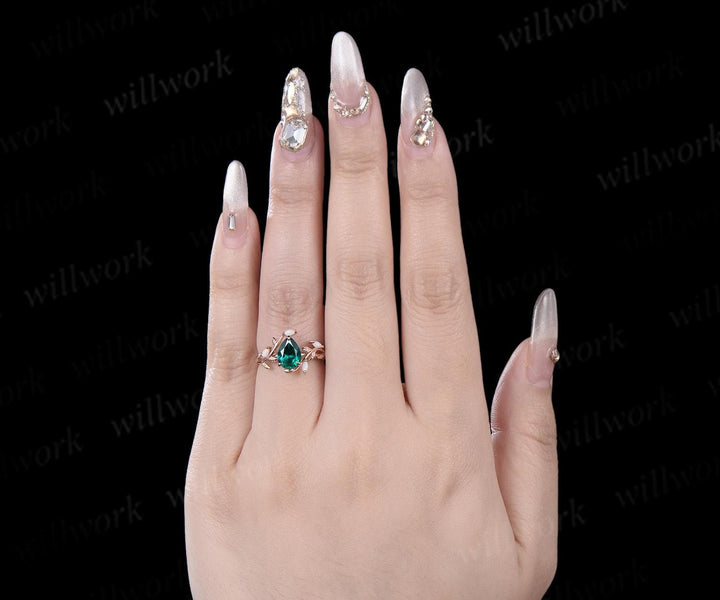 Pear cut emerald ring vintage leaf marquise opal ring women five stone unique nature inspired engagement ring rose gold anniversary gift