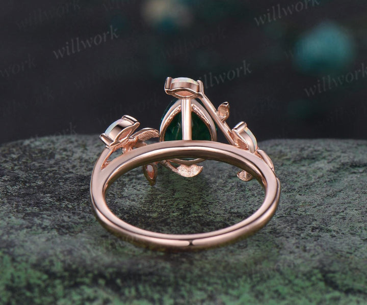 Pear cut emerald ring vintage leaf marquise opal ring women five stone unique nature inspired engagement ring rose gold anniversary gift