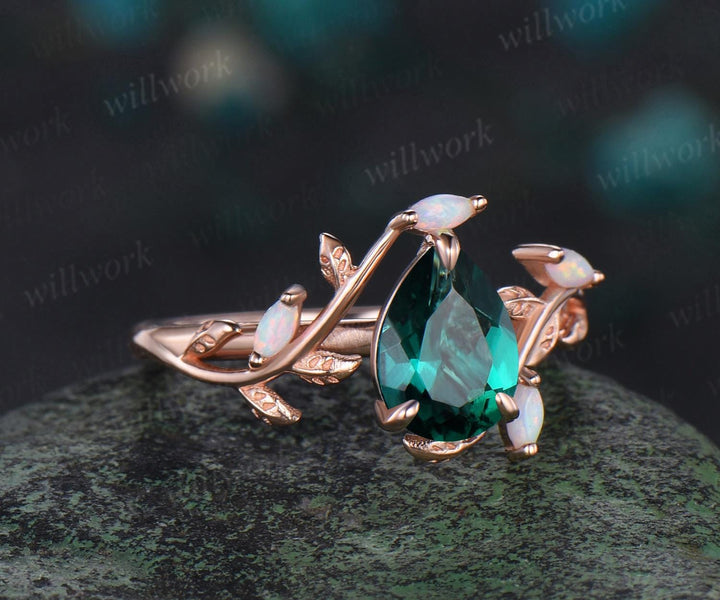 Pear cut emerald ring vintage leaf marquise opal ring women five stone unique nature inspired engagement ring rose gold anniversary gift