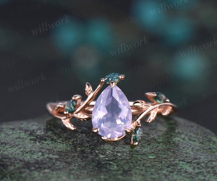 Vintage pear cut Lavender Amethyst engagement ring set rose gold art deco cluster leaf nature inspired moss agate bridal wedding ring women