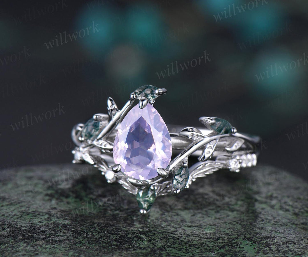 Vintage pear cut Lavender Amethyst engagement ring set rose gold art deco cluster leaf nature inspired moss agate bridal wedding ring women