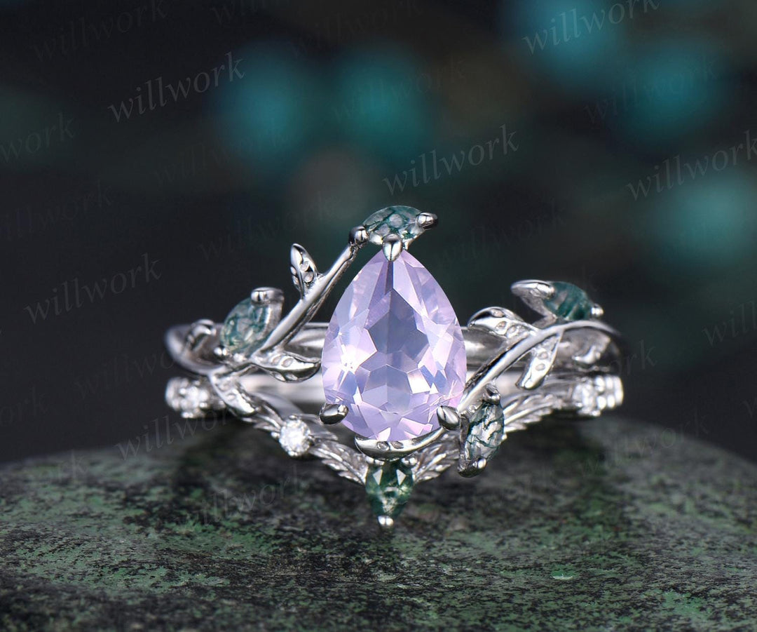 Vintage pear cut Lavender Amethyst engagement ring set rose gold art deco cluster leaf nature inspired moss agate bridal wedding ring women