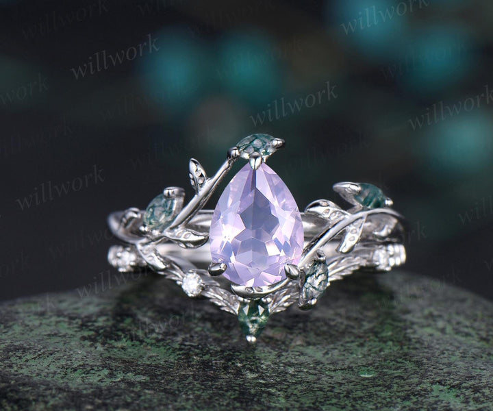Vintage pear cut Lavender Amethyst engagement ring set rose gold art deco cluster leaf nature inspired moss agate bridal wedding ring women