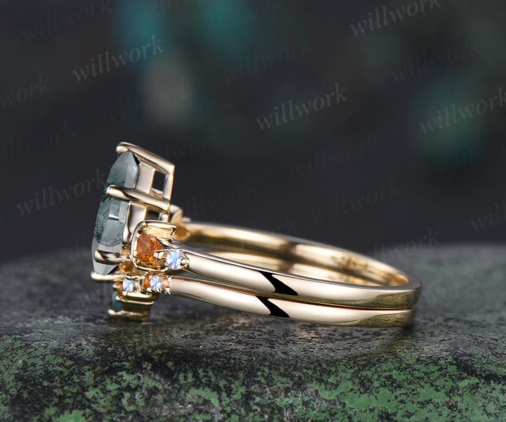 Kite cut moss agate ring moon citrine moonstone wedding ring set unique engagement ring set women Multi-Stone Rings