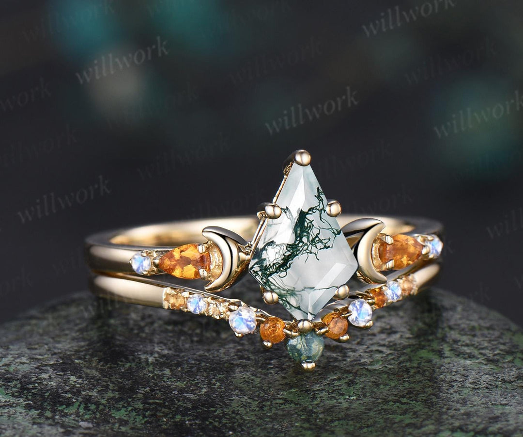Kite cut moss agate ring moon citrine moonstone wedding ring set unique engagement ring set women Multi-Stone Rings