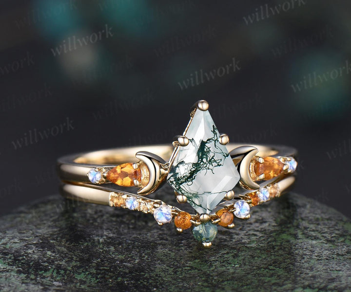Kite cut moss agate ring moon citrine moonstone wedding ring set unique engagement ring set women Multi-Stone Rings