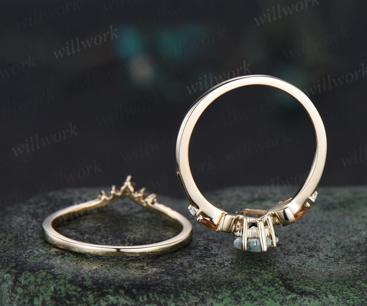 Kite cut moss agate ring moon citrine moonstone wedding ring set unique engagement ring set women Multi-Stone Rings