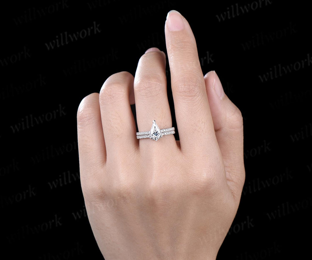 V prong 1ct kite cut moissanite engagement ring set dainty half eternity hidden halo diamond ring vintage unique promise ring set women
