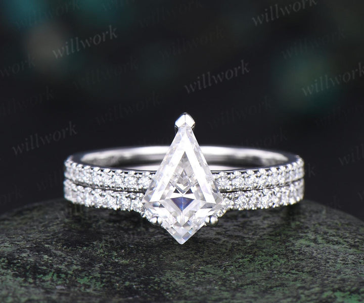 V prong 1ct kite cut moissanite engagement ring set dainty half eternity hidden halo diamond ring vintage unique promise ring set women
