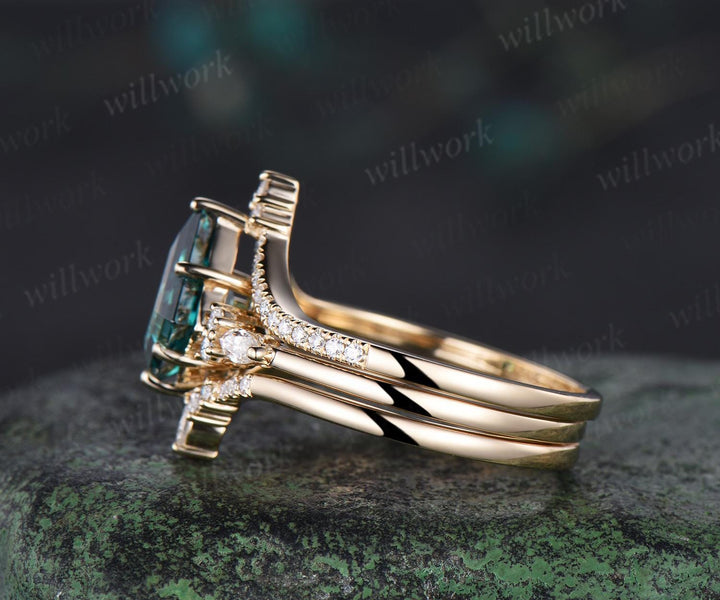 8x11mm kite cut green moissanite ring vintage unique engagement ring set solid 14k yellow gold art deco retro promise wedding ring set women
