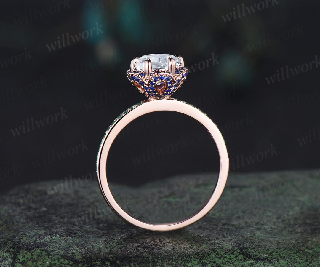 Floral round cut IGI lab grown diamond engagement ring rose gold hidden halo natural sapphire emerald ring half eternity promise ring women