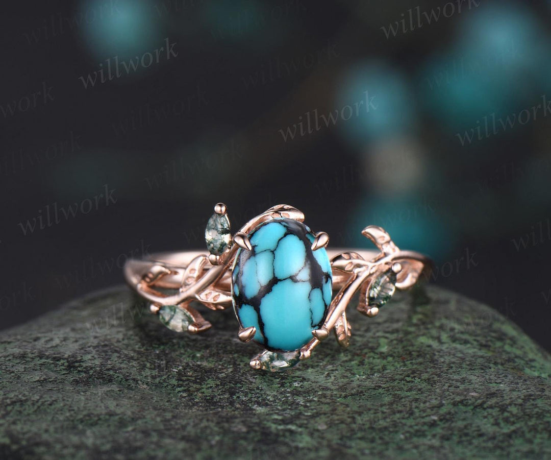 Vintage oval turquoise engagement ring set 14k rose gold art deco cluster leaf nature inspired moss agate bridal wedding ring set women