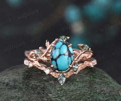 Vintage oval turquoise engagement ring set 14k rose gold art deco cluster leaf nature inspired moss agate bridal wedding ring set women