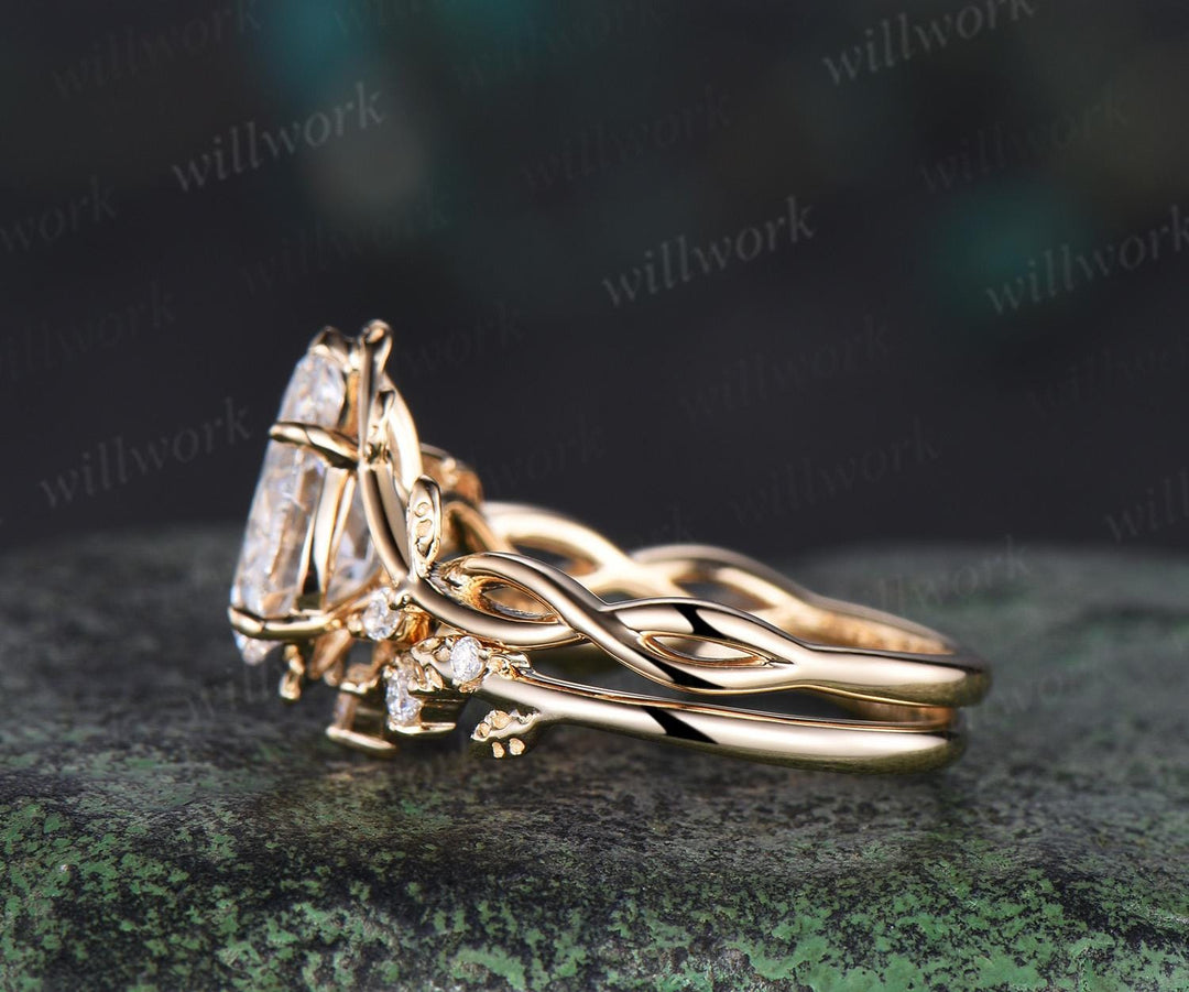 7x10mm pear cut Lab grown diamond engagement ring set solid 14k yellow gold leaf infinity split shank wedding promise ring set women