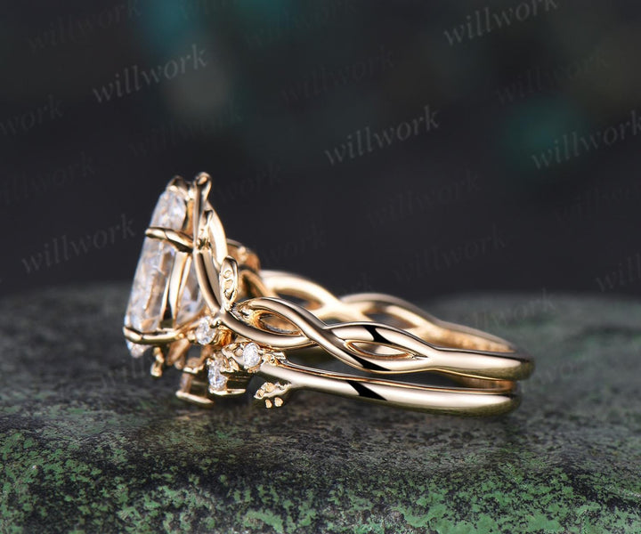 7x10mm pear cut Lab grown diamond engagement ring set solid 14k yellow gold leaf infinity split shank wedding promise ring set women