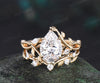 7x10mm pear cut Lab grown diamond engagement ring set solid 14k yellow gold leaf infinity split shank wedding promise ring set women