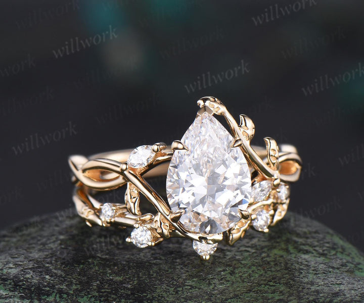 7x10mm pear cut Lab grown diamond engagement ring set solid 14k yellow gold leaf infinity split shank wedding promise ring set women