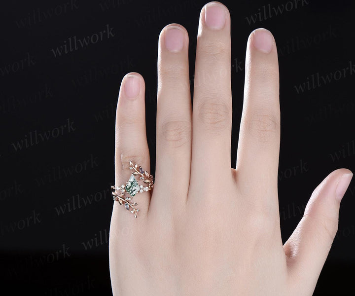 Kite cut moss agate engagement ring set 14k rose gold leaf alexandrite diamond wedding band enhancer unique bridal ring set women