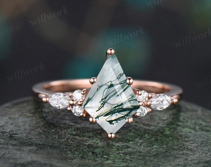 Kite cut moss agate engagement ring set 14k rose gold leaf alexandrite diamond wedding band enhancer unique bridal ring set women