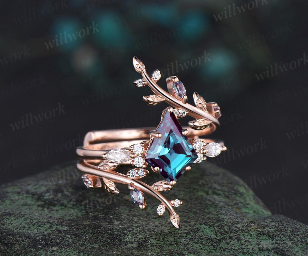 Kite cut alexandrite engagement ring 14k rose gold leaf nature inspired cluster diamond wedding band enhancer unique wedding ring set women