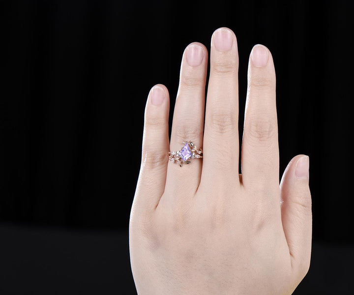 Vintage kite cut Lavender Amethyst engagement ring set rose gold moss agate leaf diamond enhancer wedding ring set jewelry