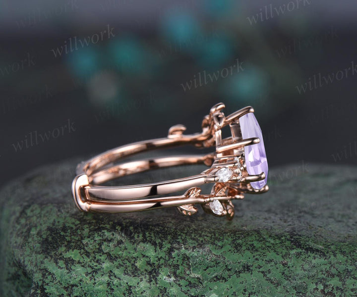 Vintage kite cut Lavender Amethyst engagement ring set rose gold moss agate leaf diamond enhancer wedding ring set jewelry