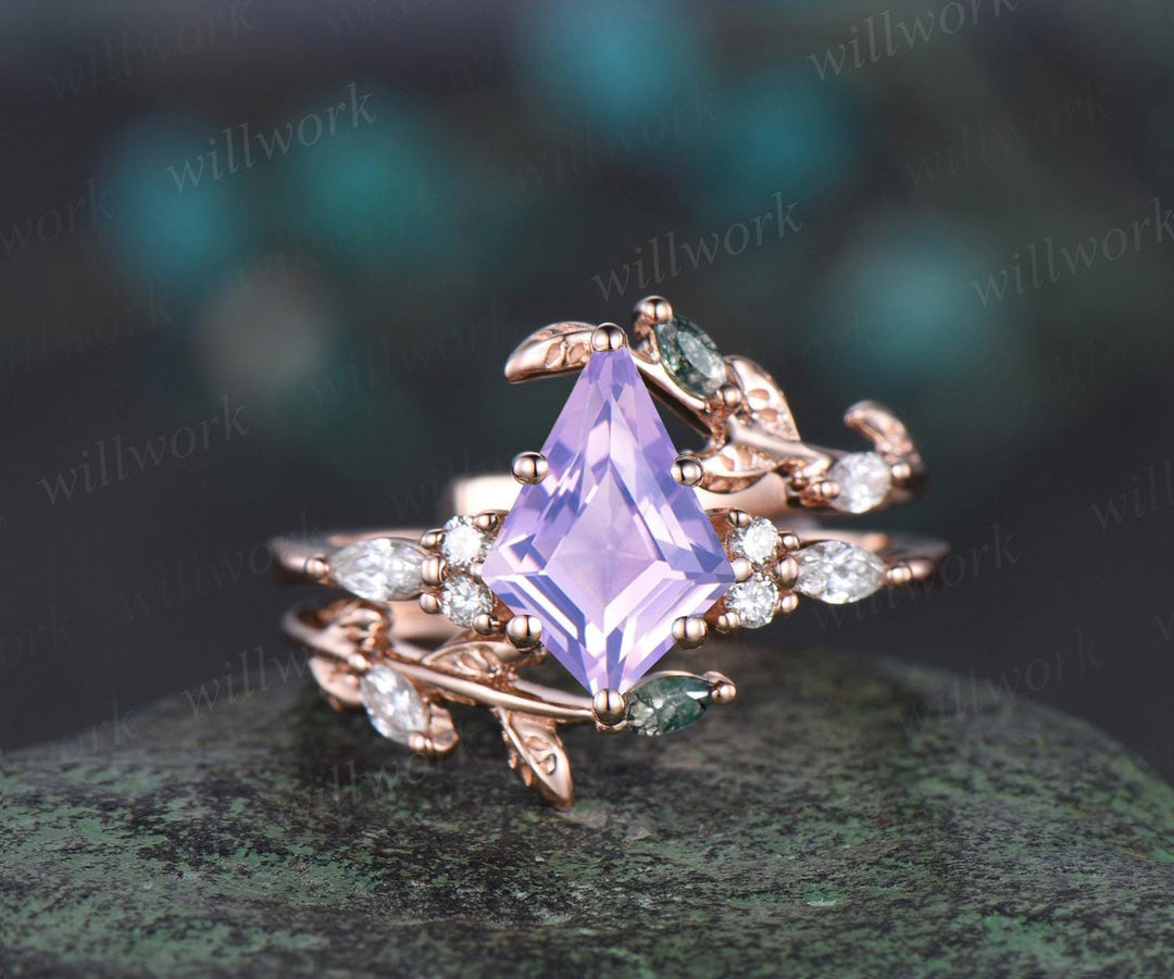 Vintage kite cut Lavender Amethyst engagement ring set rose gold moss agate leaf diamond enhancer wedding ring set jewelry