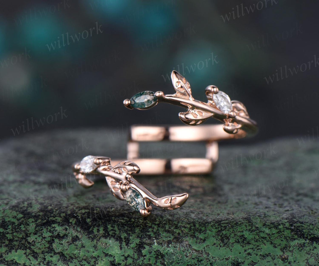Vintage kite cut Lavender Amethyst engagement ring set rose gold moss agate leaf diamond enhancer wedding ring set jewelry