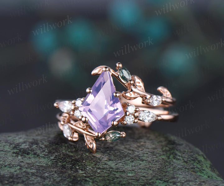 Vintage kite cut Lavender Amethyst engagement ring set rose gold moss agate leaf diamond enhancer wedding ring set jewelry