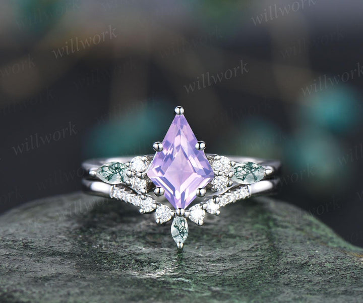 Kite cut Lavender Amethyst ring rose gold 6 prong art deco unique engagement ring set women dainty diamond ring moss agate anniversary gift