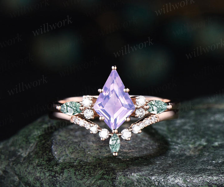 Kite cut Lavender Amethyst ring rose gold 6 prong art deco unique engagement ring set women dainty diamond ring moss agate anniversary gift