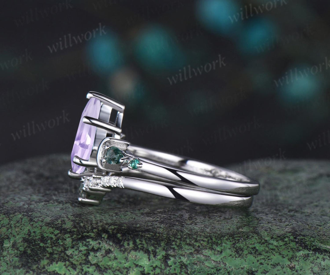 Unique kite cut Lavender Amethyst engagement ring set women white gold gold moss agate five stone moon bridal ring set gift for women