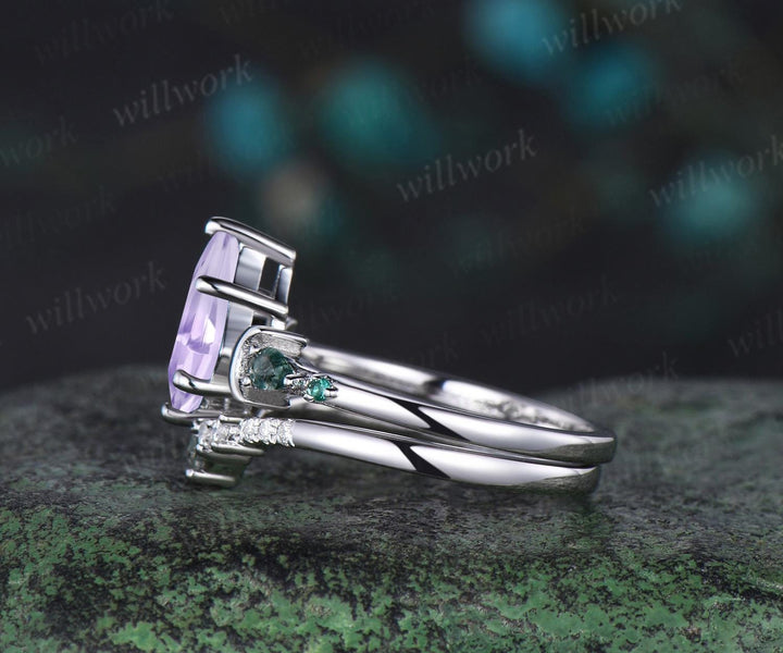 Unique kite cut Lavender Amethyst engagement ring set women white gold gold moss agate five stone moon bridal ring set gift for women
