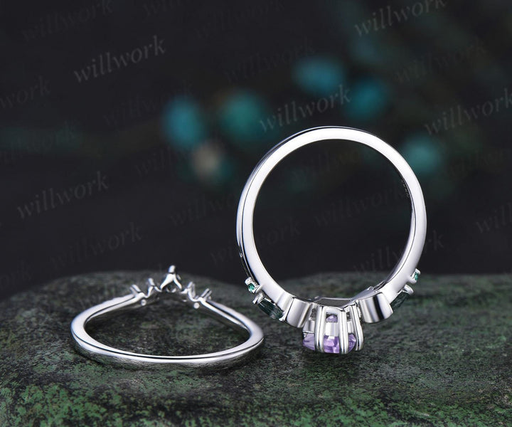 Unique kite cut Lavender Amethyst engagement ring set women white gold gold moss agate five stone moon bridal ring set gift for women