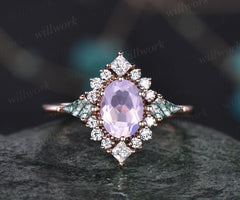 Vintage oval Lavender Amethyst engagement ring 14k rose gold halo princess diamond ring kite moss agate ring women retro wedding ring gift