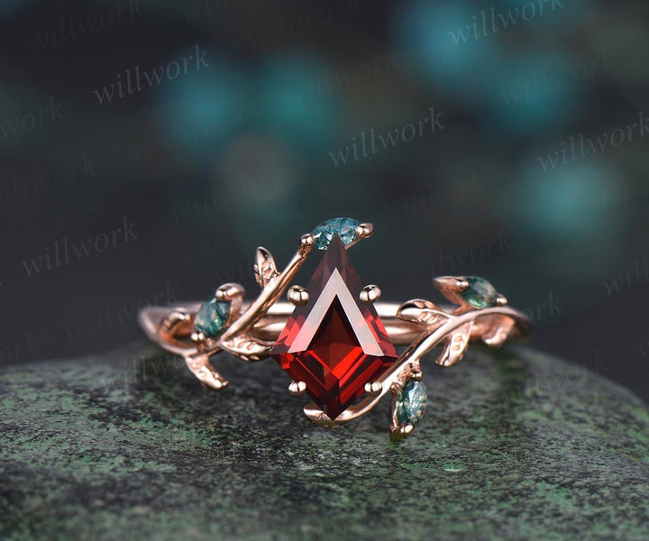Vintage kite cut red garnet engagement ring set 14k rose gold cluster leaf nature inspired moss agate anniversary ring set women gift
