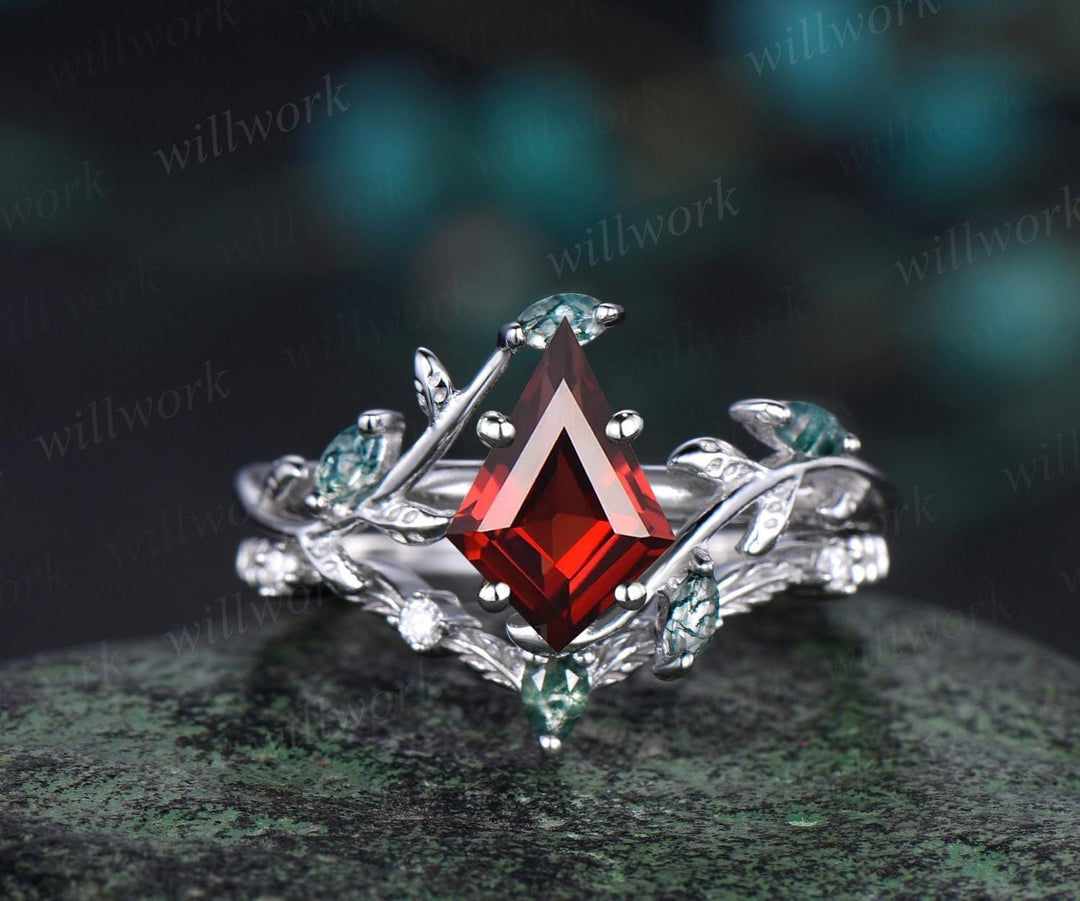 Vintage kite cut red garnet engagement ring set 14k rose gold cluster leaf nature inspired moss agate anniversary ring set women gift