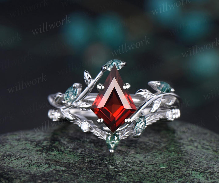 Vintage kite cut red garnet engagement ring set 14k rose gold cluster leaf nature inspired moss agate anniversary ring set women gift