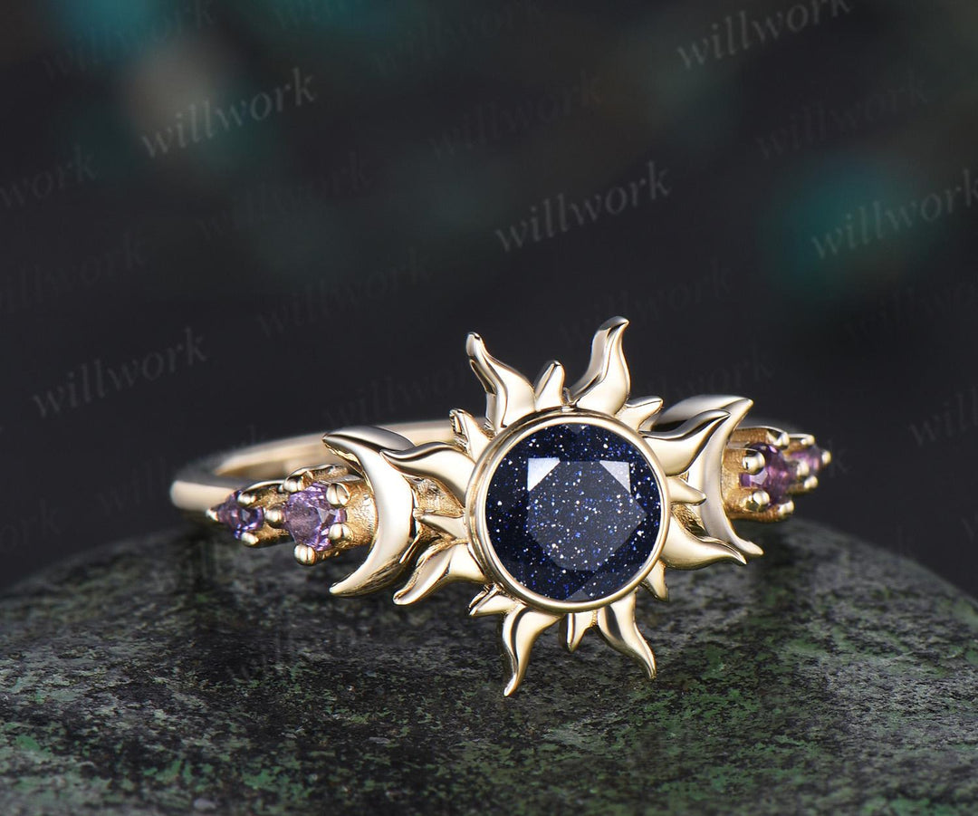 Vintage round cut blue sandstone sun bezel engagement ring solid 14k yellow gold five stone amethyst moon unique bridal ring women